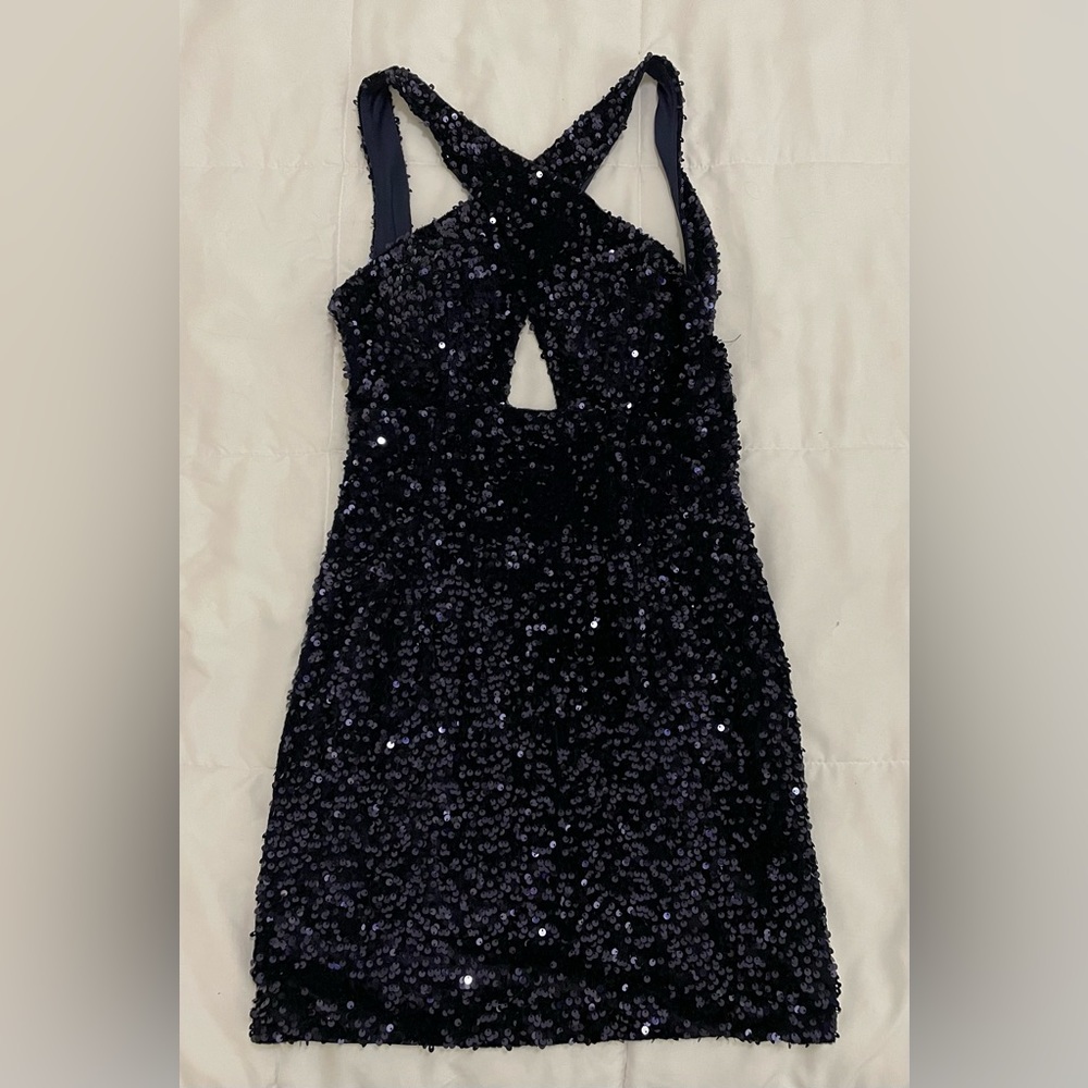 Juniors Navy Blue Sequin Halter Dress - New